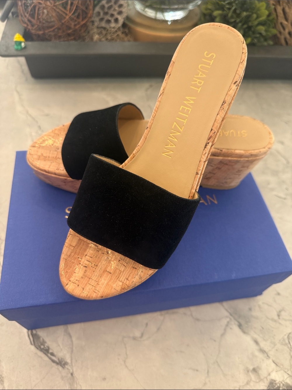 Stuart Weitzman Black Suede Cork Wedge Slide Sandals